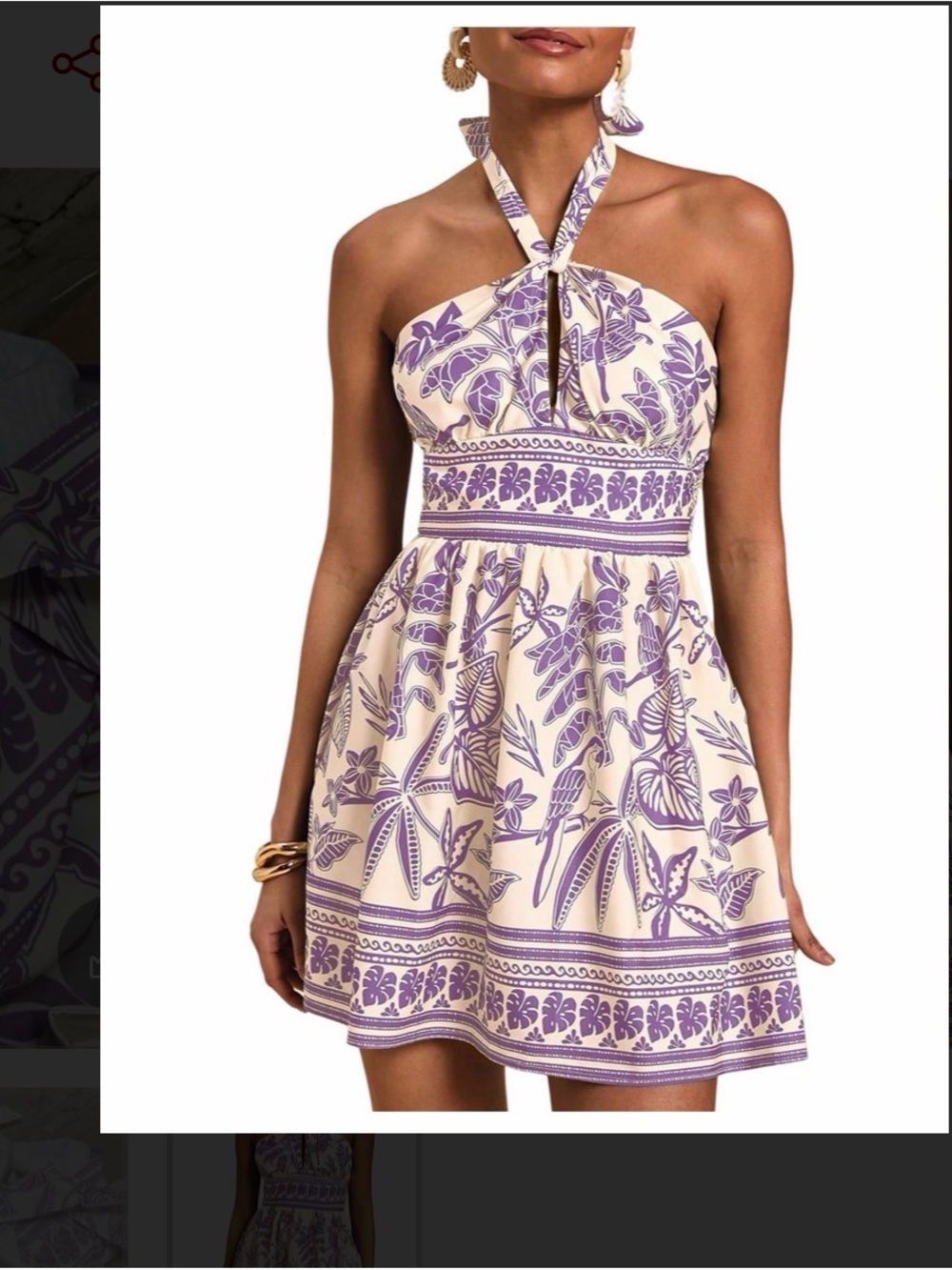 Halter-Neck Floral Mini Dress in Cream and Purple